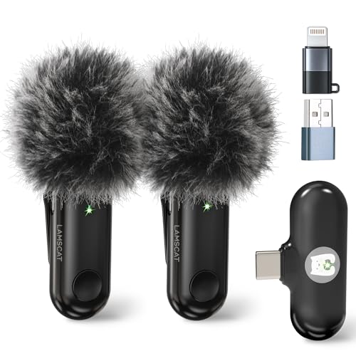 LAMSCAT Lavalier Mikrofon Handy for iPhone/ipad/Android/USB c/PC, Smartphone Mikrofon Kabellos for Recording, Live Streaming, Noise Cancellation, No APP Needed (Schwarz-2 MIC) von LAMSCAT