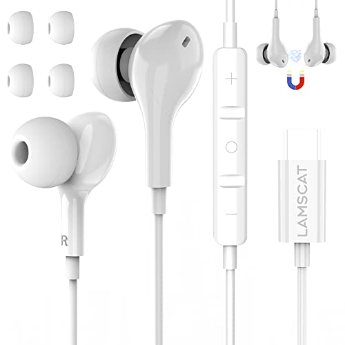 LAMSCAT USB C Kopfhörer,Type C In Ear Kopfhörer mit Kabel,Magnetische Stereo USB C Headset mit Mikrofon und Lautstärkeregler für Samsung,Huawei,Google Pixel,Xiaomi,One Plus,usw - Weiß von LAMSCAT