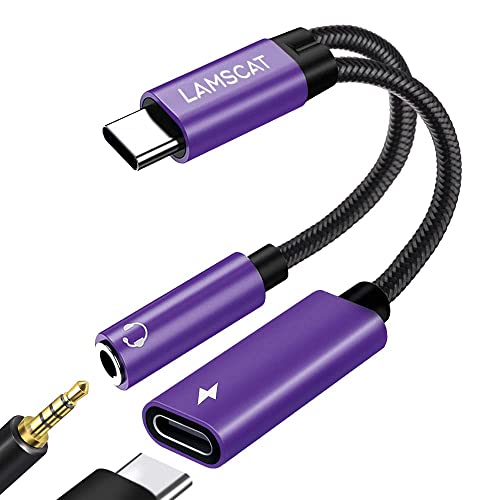 LAMSCAT USB C Kopfhörer Adapter und Laden, 2 in 1 Typ C auf 3.5mm Klinke Adapter Unterstützt PD 60W Schnellladung für Samsung Google, Huawei und mehr (Lila) von LAMSCAT