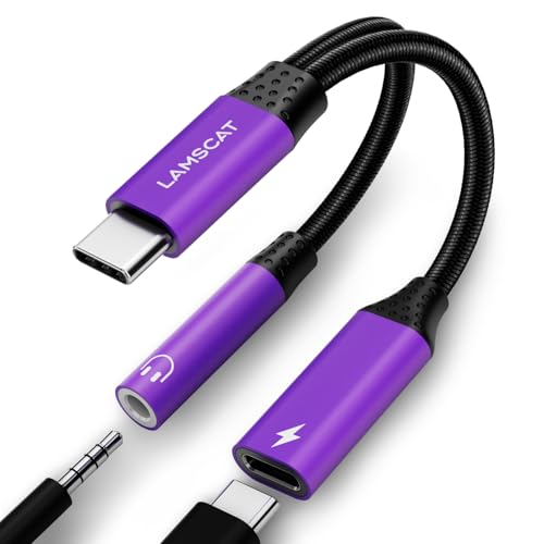 LAMSCAT USB C Kopfhörer Adapter und Laden, 2 in 1 Typ C auf 3.5mm Klinke Adapter Unterstützt PD 60W Schnellladung für Samsung Google, Huawei und mehr (Lila) von LAMSCAT