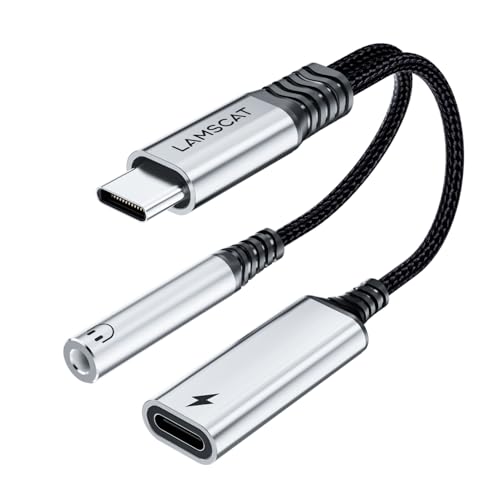 LAMSCAT USB C Kopfhörer Klinke Adapter und Laden, 60W 2in1 Handy Adapter USBC auf Klinke 3,5 Schnellladung für S24 Google 8, Xiaomi Huawei iPad (schwarz-60) von LAMSCAT