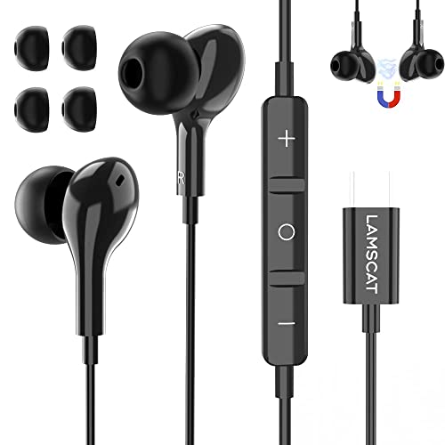 LAMSCAT USB C Kopfhörer mit Mikrofon, In Ear Kopfhörer mit Kabel,Magnetische Stereo und Lautstärkeregler für Samsung,Huawei, für iPhone 15 Google Pixel,Xiaomi,One Plus,usw- Schwarz von LAMSCAT