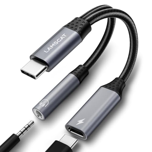 LAMSCAT USB C auf Klinke Adapter und Laden, 2 in 1 Typ C auf 3.5mm Kopfhörer Adapter Unterstützt 60W Schnellladung für Samsung Google, Xiaomi Huawei/Mini 6 und mehr (grau) von LAMSCAT