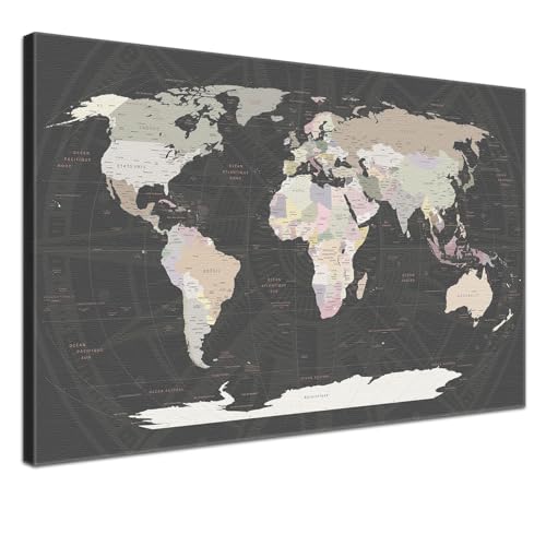 Weltkarte-Pinnwand als Leinwandbild zum pinnen der Reisen - World Map Grey - französisch - Landkarten-Wandbild Globus in grau, 100 x 70 cm von LANA KK