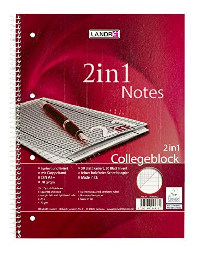 Landré Collegeblock Duo A4 liniert und kariert, 2 in 1, 80 Blatt, gelocht, 10 Stück von LANDRE