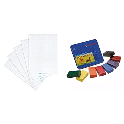 Landre Flipchart Papier, kariert, 20 Blatt je Block, 5er Pack & Stockmar 204884258 34000 Wachsmalblöcke mit reinem Bienenwachs, 8 Wachsmal-Farben in handlicher Blockform von LANDRE