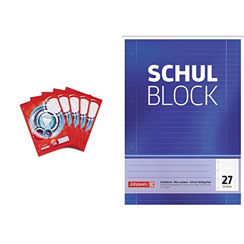 Landre Schulblock, 5er Pack, DIN A4, kariert, 50 Blatt, kopfverleimt, rot & Brunnen 1052527 Schulblock/Notizblock (A4, 50 Blatt, liniert, mit Randlinien, Lineatur 27, gelocht, kopfverleimt, 70 g/m²) von LANDRE