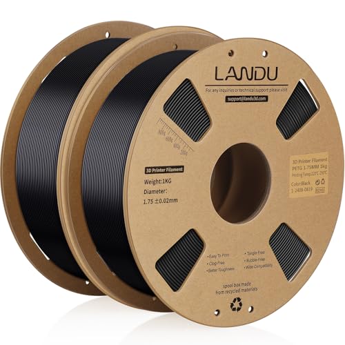 LANDU PETG Filament 1.75mm Schwarz 2KG 3D Drucker Filament PETG Stärker Zähigkeit Maßgenauigkeit +/- 0,02 mm 2kg Pappspule(4.4lbs) Passend für die meisten FDM 3D Drucker,PETG Schwarz von LANDU