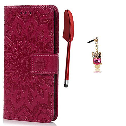 Huawei P10 Hülle, Wallet Handyhülle PU Leder mit TPU Inside Brieftasche Cover, [Kartenfach] [Magnetverschluss] [Standfunktion] Schutzhülle, Filp Case für Huawei P10, Sonnenblume in Rosa Rot von LANVY