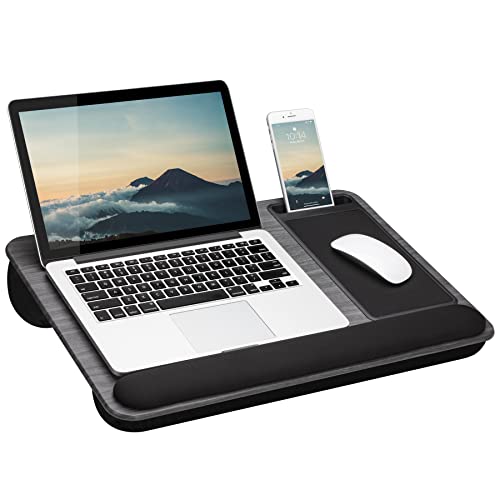 LAPGEAR Home Office Pro Schoßschreibtisch mit Handgelenkauflage, Mauspad und Handyhalterung, graue Holzmaserung, für Laptops bis zu 15,6 Zoll (39,6 cm) von LAPGEAR