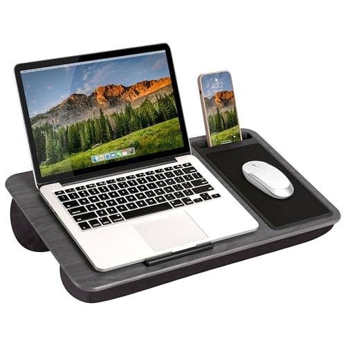 LAPGEAR Home Office Pro Schoßschreibtisch mit Handgelenkauflage, Mauspad und Handyhalterung, graue Holzmaserung, für Laptops bis zu 15,6 Zoll (39,6 cm) von LAPGEAR
