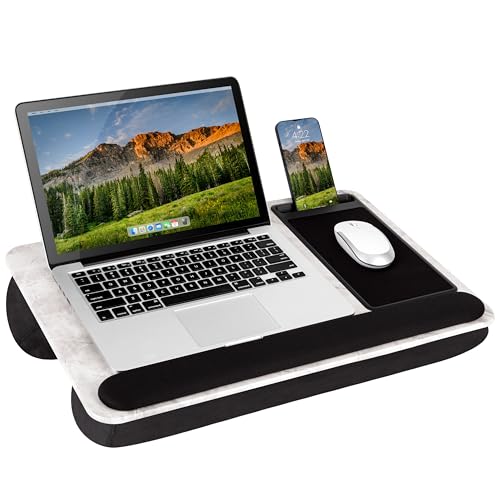 LAPGEAR Home Office Pro Schoßschreibtisch mit Handgelenkauflage, Mauspad und Handyhalterung, weißer Marmor, passend für Laptops bis zu 39,6 cm (15,6 Zoll), Stil Nr. 91591 von LAPGEAR