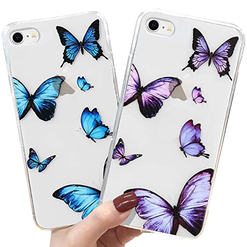 LAPOPNUT 2 Pack Hülle für iPhone SE2022/7/8/SE2020 Handyhülle Transparent Hülle Schmetterling Silikon Schutzhülle Klar Rückschale Butterfly TPU Case Cover für iPhone 7/8/SE2020/SE2O22, Blau & Lila von LAPOPNUT