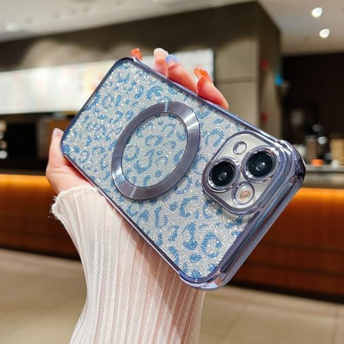 LAPOPNUT für iPhone 13 Hülle Leopardenmuster Silikon Transparent Schutzhülle Kompatibel mit MagSafe Glitzer Magnethülle für iPhone 13 Blau von LAPOPNUT