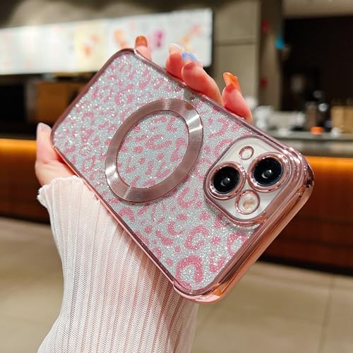 LAPOPNUT für iPhone 15 Hülle Leopardenmuster Silikon Transparent Schutzhülle Kompatibel mit MagSafe Glitzer Magnethülle für iPhone 15 Rosa von LAPOPNUT