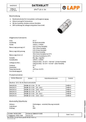 LAPP EPIC POWER LS1.5 D6 3+PE+4 9,0-14,0 (1) 44429313 Inhalt: 1St. von LAPP