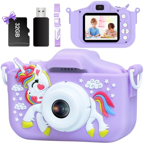 Kinderkamera,1080P Kinder-Digitalkamera mit 32 GB TF-Karte, Einhorn Kamera Abdeckung/HD Video/5 Lernspiele/8 facher Zoom/46 Bilderrahmen und Filter, Geschenke für Jungen Mädchen 3–8 Jahren von LARMPET