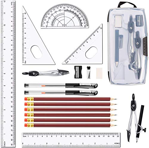LATERN 20 Stück Geometrie Schulset Zirkel Set Lineal Set Quadrate Kompass + Winkelmesser Bleistifte Radiergummi Bleistifte Anspitzer Bleiminen Gelstift von LATERN