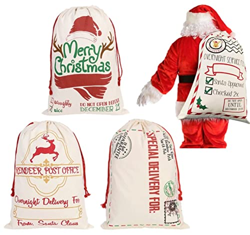 LATERN 3 Stück Weihnachtsgeschenktüte Santa Sack Canvas Tasche mit roten Kordeln - 3 Stile Weihnachtselch-Express-Lieferbeutel Extra große Größe 70 x 50cm von LATERN