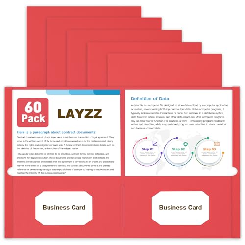 LAYZZ Ordner mit Taschen, 60 Stück, Papiertaschenordner, 2 Taschenmappen, passend für Papier in Briefgröße, für Schule, Büro und Zuhause (Rot) von LAYZZ