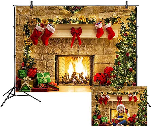 LB 210x150cm Vinyl Frohe Weihnachten Hintergrund Kamin Hintergrund Weihnachtsbaum,Backsteinmauer Fotografie Hintergrund für Fotostudio Bild Banner Party Dekoration,Angepasst von LB