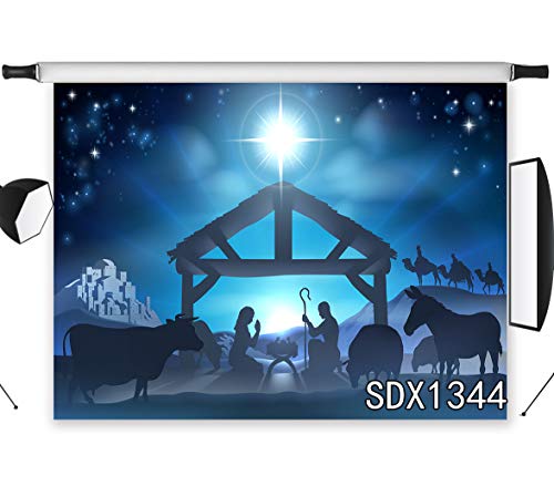 LB 270x180cm Vinyl Geburt Jesu Hintergrund Krippe,Stern von Bethlehem,Christ,Blau Fotografie Hintergrund für Fotostudio, Weihnachten Thema Party Dekoration,Angepasst von LB