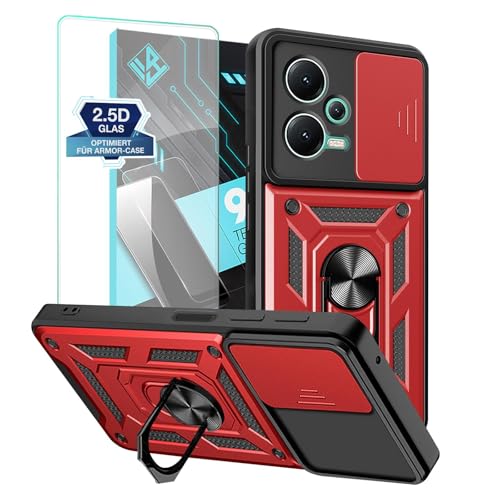 LBH Armor Hülle für Xiaomi Redmi Note 12 5G Case Displayglas Kameraschutz Outdoor Stoßfest Handyhülle 360 Grad Metal Ring Halter Ständer Schutzhülle Handyhalterung Auto Magnet Rot von LBH