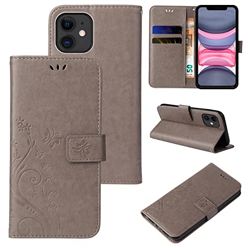 LBH Handy Hülle für Apple iPhone 11 Case Handytasche Schmetterling Blumen Flower Standfunktion Schutzhülle Magnet Rundum Schutz 360 Grad Flipcase Cover Grau von LBH