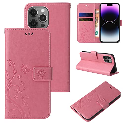 LBH Handy Hülle für Apple iPhone 14 Pro Case Handytasche Schmetterling Blumen Flower Standfunktion Schutzhülle Magnet Rundum Schutz 360 Grad Flipcase Cover Rosegold von LBH