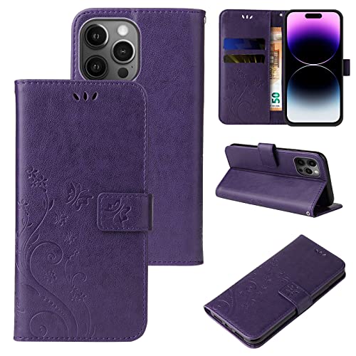 LBH Handy Hülle für Apple iPhone 14 Pro Max Case Handytasche Schmetterling Blumen Flower Standfunktion Schutzhülle Magnet Rundum Schutz 360 Grad Flipcase Cover Violett von LBH