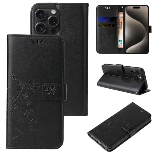LBH Handy Hülle für Apple iPhone 16 Pro Case Handytasche Schmetterling Blumen Flower Standfunktion Schutzhülle Magnet Rundum Schutz 360 Grad Flipcase Cover Schwarz von LBH
