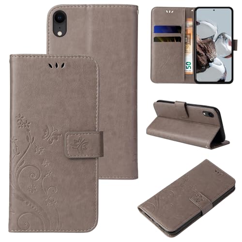 LBH Handy Hülle für Apple iPhone XR Case Handytasche Schmetterling Blumen Flower Standfunktion Schutzhülle Magnet Rundum Schutz 360 Grad Flipcase Cover Grau von LBH