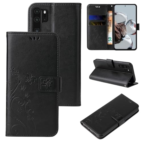 LBH Handy Hülle für Huawei P30 Pro Case Handytasche Schmetterling Blumen Flower Standfunktion Schutzhülle Magnet Rundum Schutz 360 Grad Flipcase Cover Schwarz von LBH