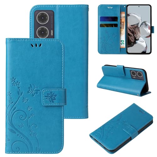 LBH Handy Hülle für Motorola Moto G35 5G Case Handytasche Schmetterling Blumen Flower Standfunktion Schutzhülle Magnet Rundum Schutz 360 Grad Flipcase Cover Blau von LBH