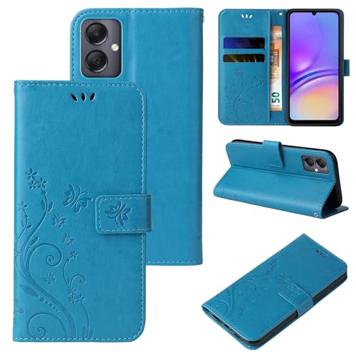LBH Handy Hülle für Samsung Galaxy A05 Case Handytasche Schmetterling Blumen Flower Standfunktion Schutzhülle Magnet Rundum Schutz 360 Grad Flipcase Cover Blau von LBH