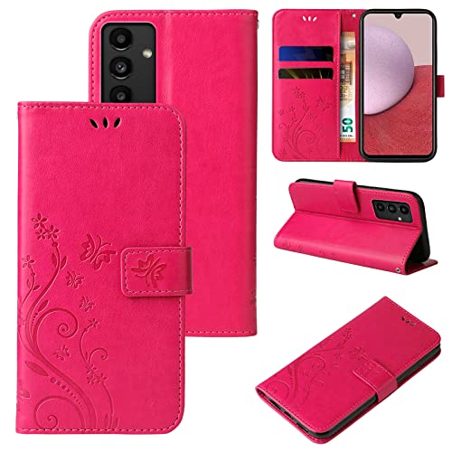 LBH Handy Hülle für Samsung Galaxy A14 5G Case Handytasche Schmetterling Blumen Flower Standfunktion Schutzhülle Magnet Rundum Schutz 360 Grad Flipcase Cover Pink von LBH