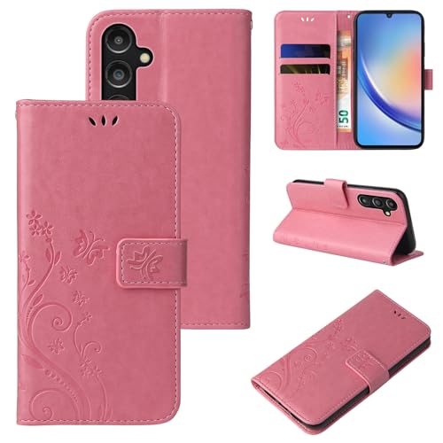 LBH Handy Hülle für Samsung Galaxy A15 / A15 5G Case Handytasche Schmetterling Blumen Flower Standfunktion Schutzhülle Magnet Rundum Schutz 360 Grad Flipcase Cover Rosegold von LBH