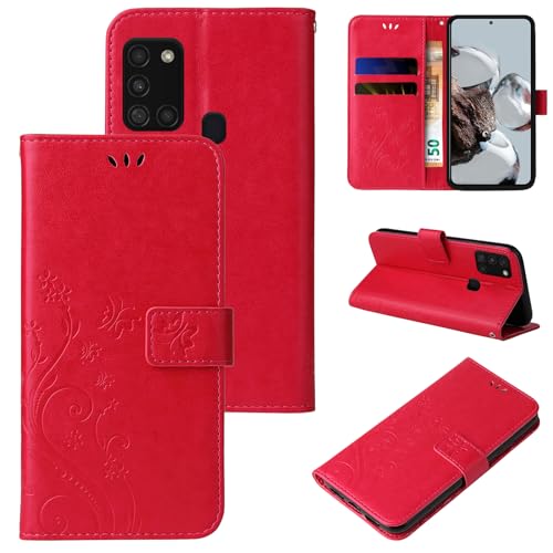 LBH Handy Hülle für Samsung Galaxy A21s Case Handytasche Schmetterling Blumen Flower Standfunktion Schutzhülle Magnet Rundum Schutz 360 Grad Flipcase Cover Rot von LBH