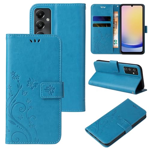 LBH Handy Hülle für Samsung Galaxy A25 5G Case Handytasche Schmetterling Blumen Flower Standfunktion Schutzhülle Magnet Rundum Schutz 360 Grad Flipcase Cover Blau von LBH