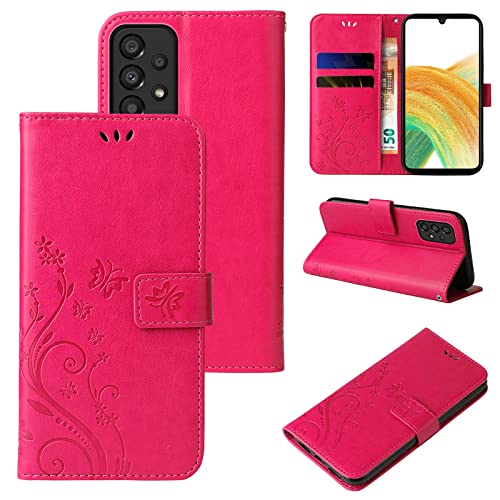 LBH Handy Hülle für Samsung Galaxy A33 5G Case Handytasche Schmetterling Blumen Flower Standfunktion Schutzhülle Magnet Rundum Schutz 360 Grad Flipcase Cover Pink von LBH