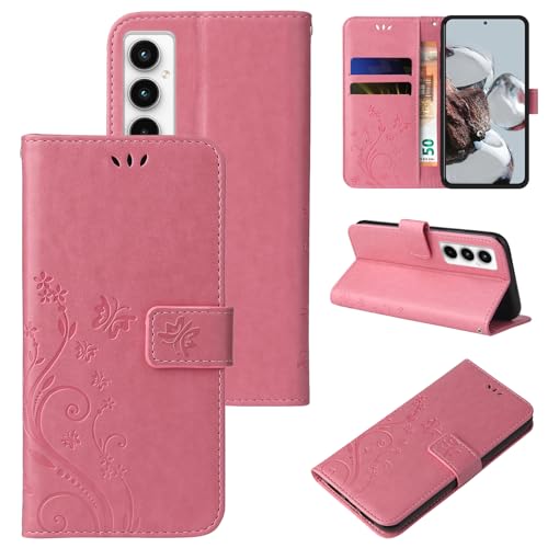 LBH Handy Hülle für Samsung Galaxy A35 5G Case Handytasche Schmetterling Blumen Flower Standfunktion Schutzhülle Magnet Rundum Schutz 360 Grad Flipcase Cover Rosegold von LBH