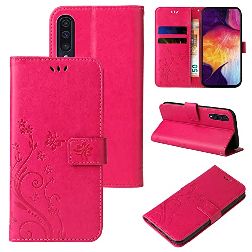LBH Handy Hülle für Samsung Galaxy A50 Case Handytasche Schmetterling Blumen Flower Standfunktion Schutzhülle Magnet Rundum Schutz 360 Grad Flipcase Cover Pink von LBH