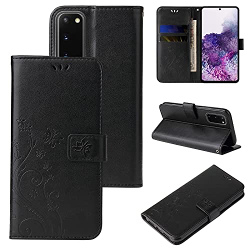 LBH Handy Hülle für Samsung Galaxy S20 Case Handytasche Schmetterling Blumen Flower Standfunktion Schutzhülle Magnet Rundum Schutz 360 Grad Flipcase Cover Schwarz von LBH