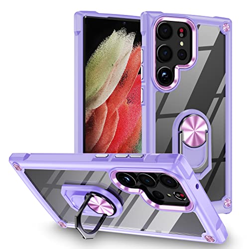 LBH Handy Hülle für Samsung Galaxy S22 Ultra Case Transparent Kameraschutz Outdoor Stoßfest Handyhülle 360 Grad Metall Ring Halter Ständer Schutzhülle für Handyhalterung Auto Magnet Violett von LBH