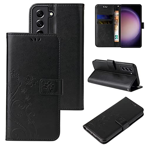 LBH Handy Hülle für Samsung Galaxy S23 Case Handytasche Schmetterling Blumen Flower Standfunktion Schutzhülle Magnet Rundum Schutz 360 Grad Flipcase Cover Schwarz von LBH