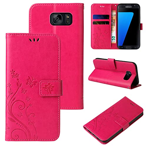 LBH Handy Hülle für Samsung Galaxy S7 Case Handytasche Schmetterling Blumen Flower Standfunktion Schutzhülle Magnet Rundum Schutz 360 Grad Flipcase Cover Pink von LBH