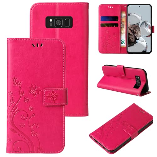 LBH Handy Hülle für Samsung Galaxy S8 Case Handytasche Schmetterling Blumen Flower Standfunktion Schutzhülle Magnet Rundum Schutz 360 Grad Flipcase Cover Pink von LBH