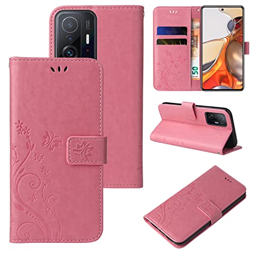 LBH Handy Hülle für Xiaomi 11T / 11T Pro Case Handytasche Schmetterling Blumen Flower Standfunktion Schutzhülle Magnet Rundum Schutz 360 Grad Flipcase Cover Rosegold von LBH