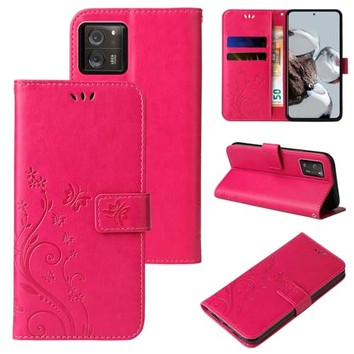 LBH Handy Hülle für Xiaomi 13T / 13T Pro Case Handytasche Schmetterling Blumen Flower Standfunktion Schutzhülle Magnet Rundum Schutz 360 Grad Flipcase Cover Pink von LBH
