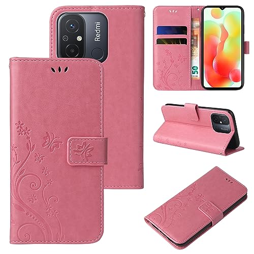 LBH Handy Hülle für Xiaomi Redmi 12C Case Handytasche Schmetterling Blumen Flower Standfunktion Schutzhülle Magnet Rundum Schutz 360 Grad Flipcase Cover Rosegold von LBH